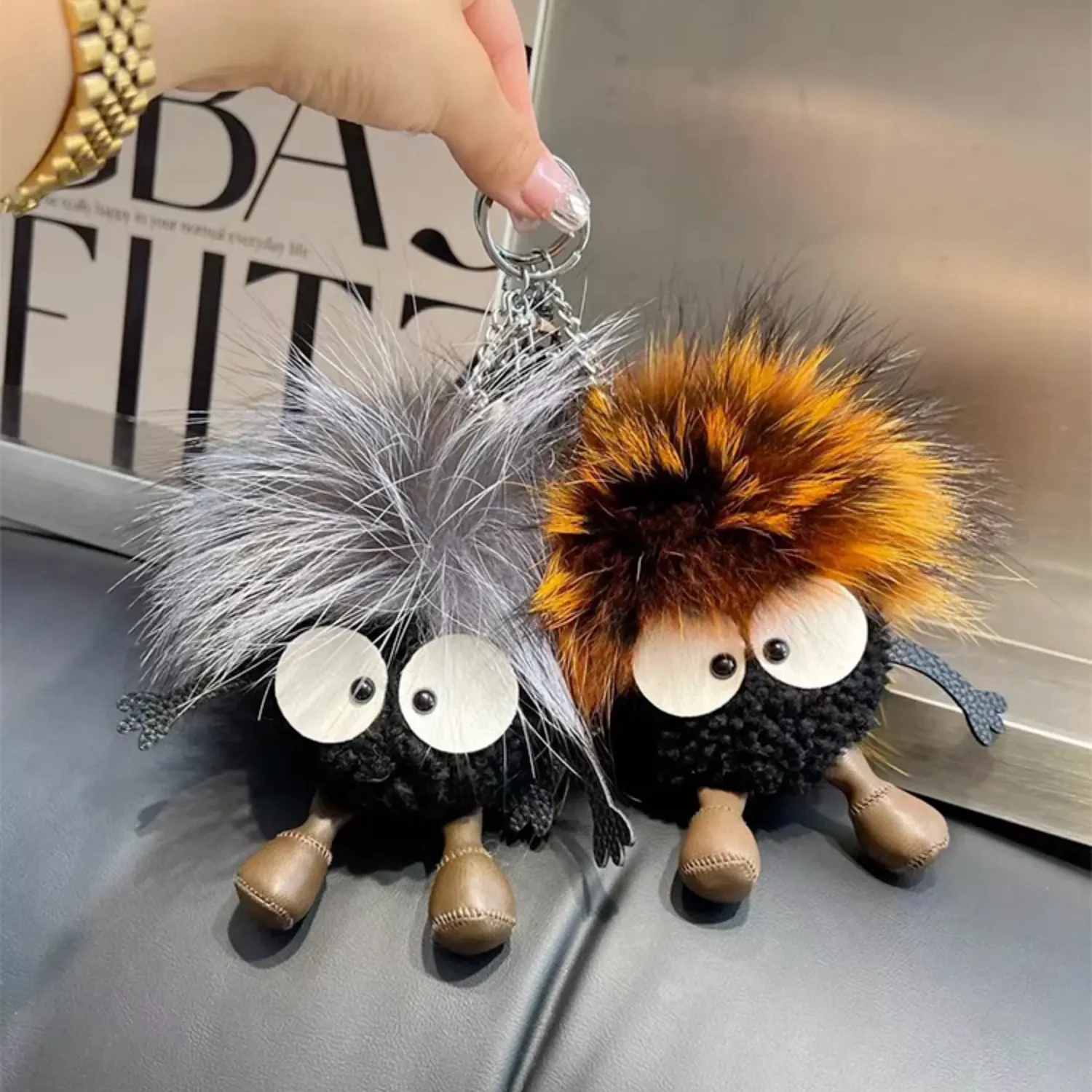 8681-mink fur afro coal fur key chain